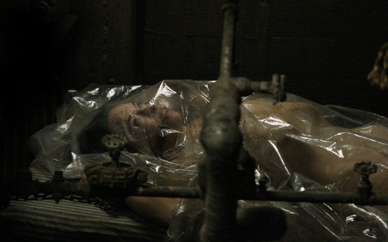 Crazy what you'll find in a basement. Deadgirl slumbers in her plastic-covered final resting place.